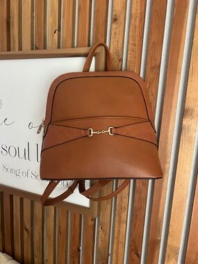 Classic Tan Leatherette Backpack with Gold Accent